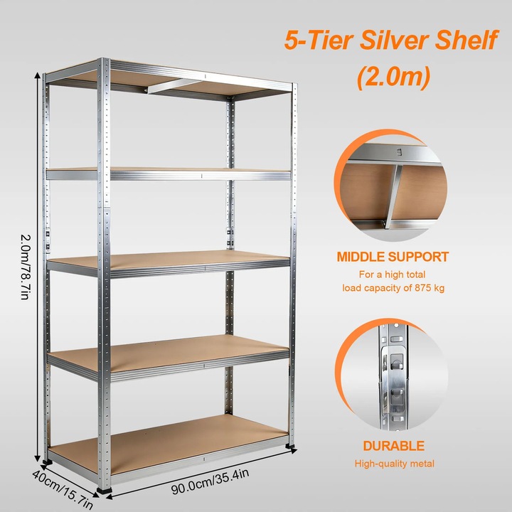 Raft de depozitare, 5 nivele, capacitate mare de incarcare, argintiu, 2m