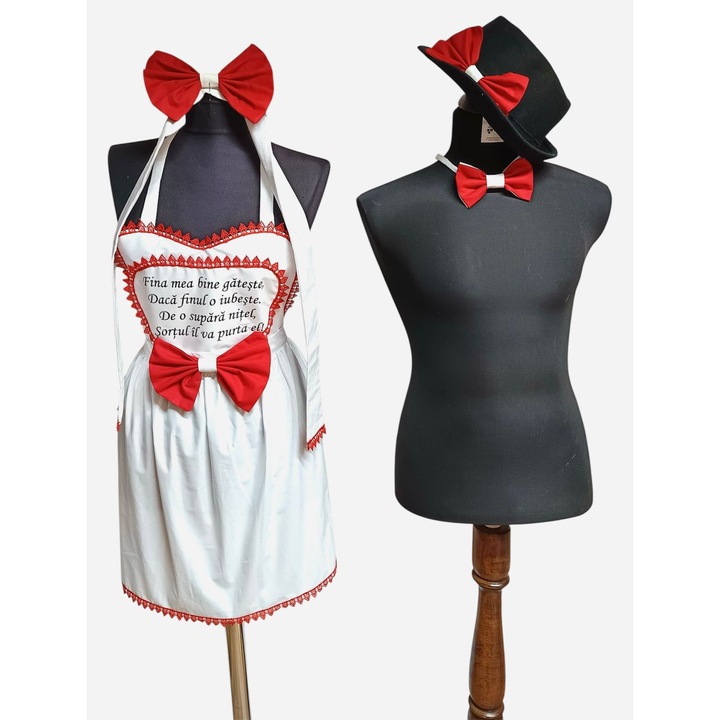 Set dezgatit mireasa si mire 4 piese, sort personalizat, esarfa, palarie, papion, bumbac