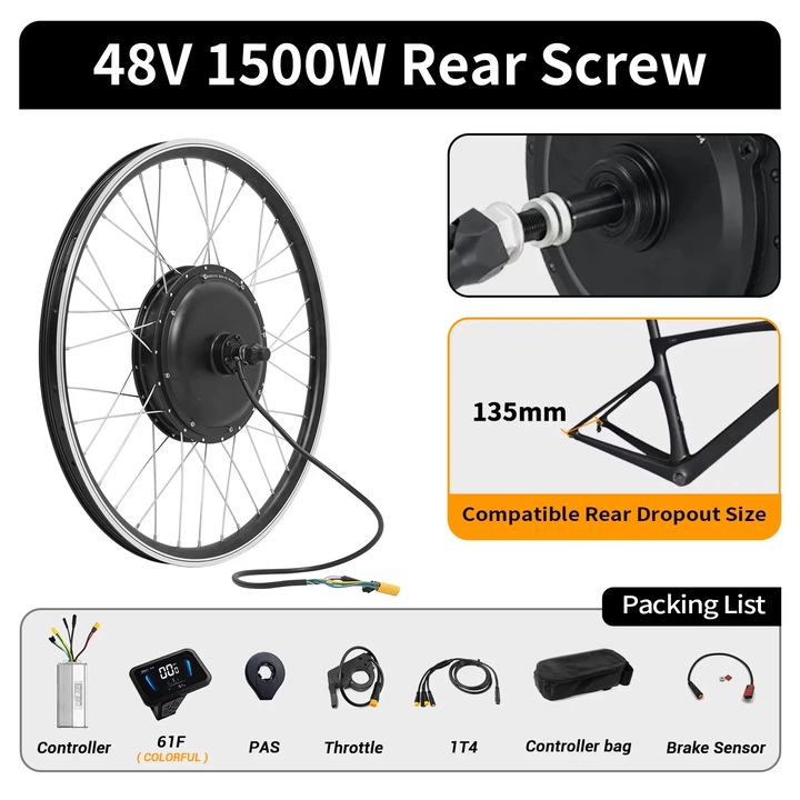 Kit de conversie bicicleta electrica, motor roata spate 48V 1500W, accesorii instalare complete, compatibil cu roti de 26''