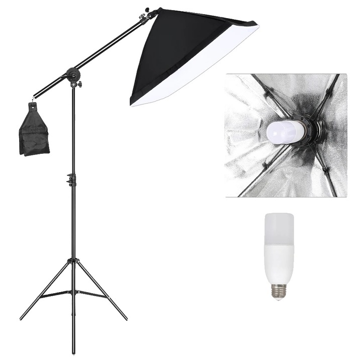 Set Softbox pentru Fotografie, Stand de Lumina Reglabil, Iluminare Uniforma, 40W, 50x70cm