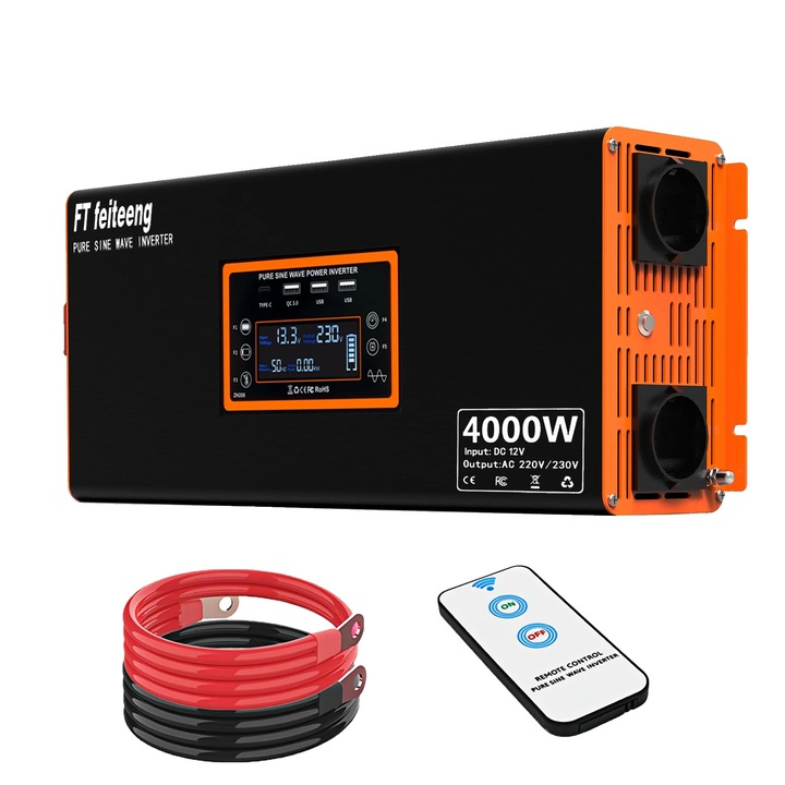 Inverter auto 12V 220V 4000W, unda sinusoidala pura, protectii multiple de siguranta