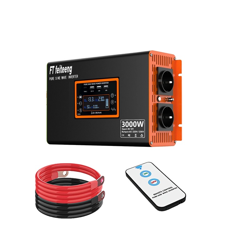 Autós inverter 12V 220V 3000W, tiszta szinuszos hullám, többszörös biztonsági védelem