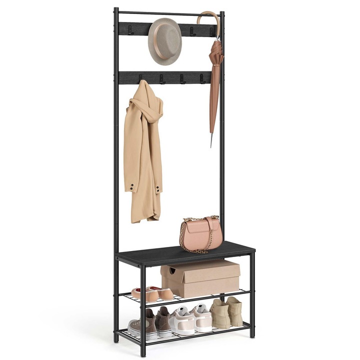 Cuier Multifunctional 3-in-1 Dabbqis pentru Hol, cu Banca pentru Pantofi si Rafturi de Depozitare, 70 x 32 x 175 cm, Structura Metalica Robusta, Negru Mat