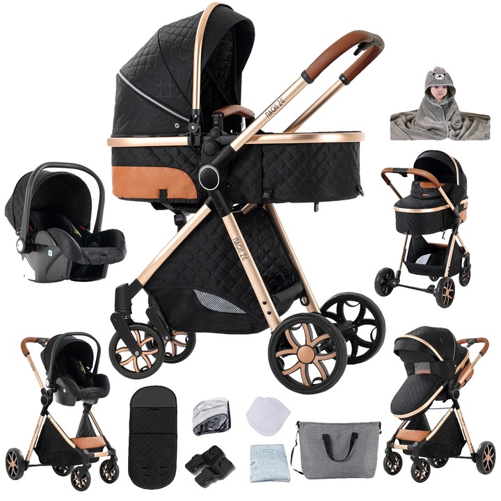 Carucior pentru bebelusi, compact, absorbant de socuri, negru, capacitate 20 kg