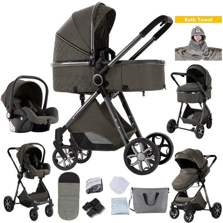 Carucior pentru copii, pliabil, roti pentru toate terenurile, gri inchis, capacitate 20 kg