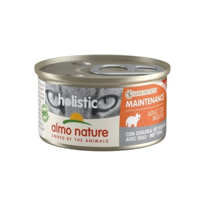 Влажна храна за котки Almo Nature Holistic, комплект 12 x 85 г, с риба морски език, без зърнени култури, 85 г