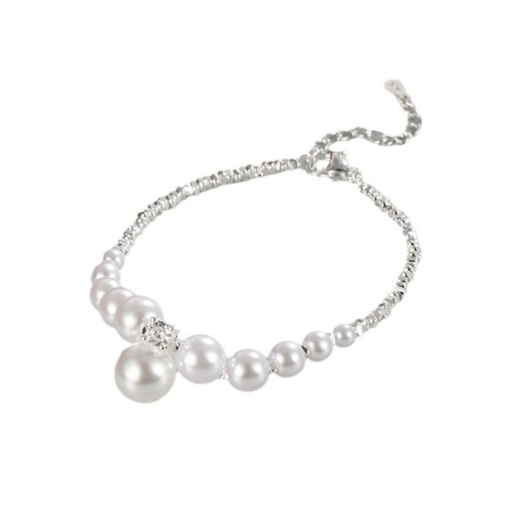 Bratara din argint 925 cu moissanite si perle sintetice, design elegant, argintie, 16-21cm ajustabila