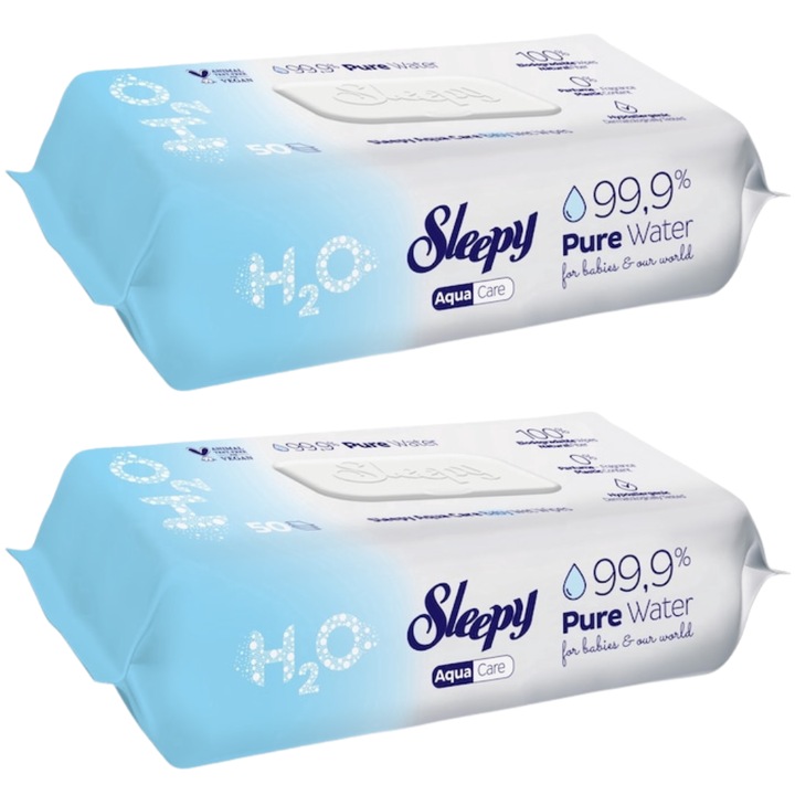 Set 2x 50 Servetele umede pentru bebelusi Sleepy Aqua 99, 9% apa pura
