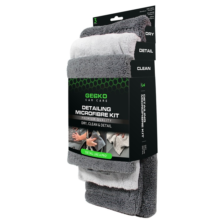 Kit complet lavete din microfibra uscare curatare auto, Gecko, 3 bucati