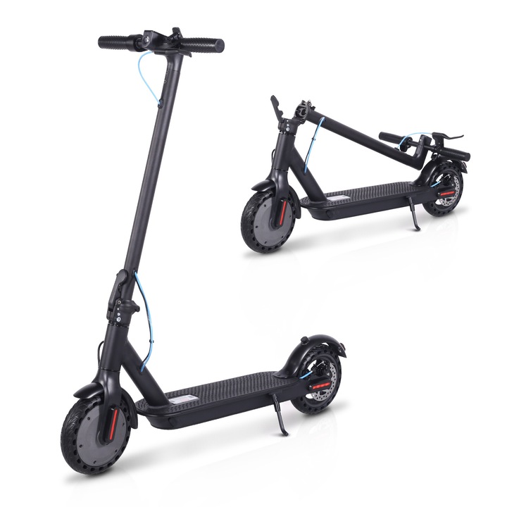 Trotineta electrica, Unificare, motor hub 250W, 36V, 4AH, incarcare rapida in 4 ore, viteza maxima 25 km/h, autonomie maxima 12 km, greutate 12,5 kg, cu far si stop spate, ecran LCD inteligent si control prin aplicatie, sistem dublu de franare, neagra