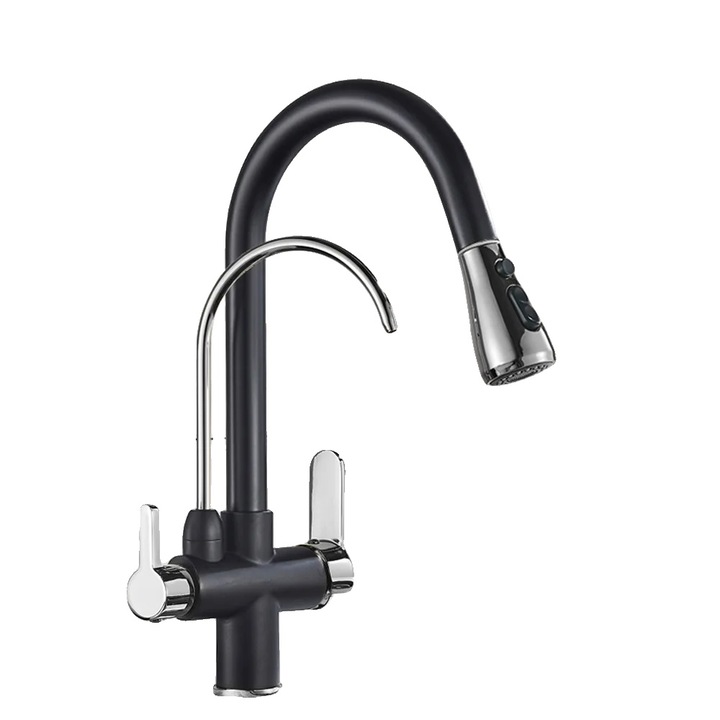 Csaptelep, kihúzható zuhanyfejjel, sárgaréz konstrukció, fekete króm, munkalapra szerelhető