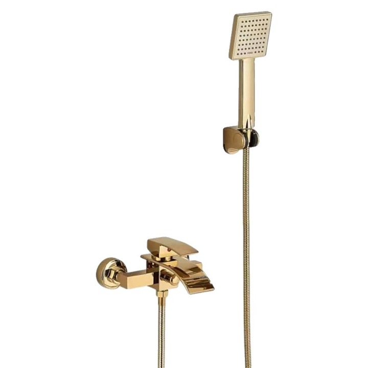 Fali csaptelep, vízesés kifolyóval, arany színű, 1 karos, 150 cm zuhanytömlő