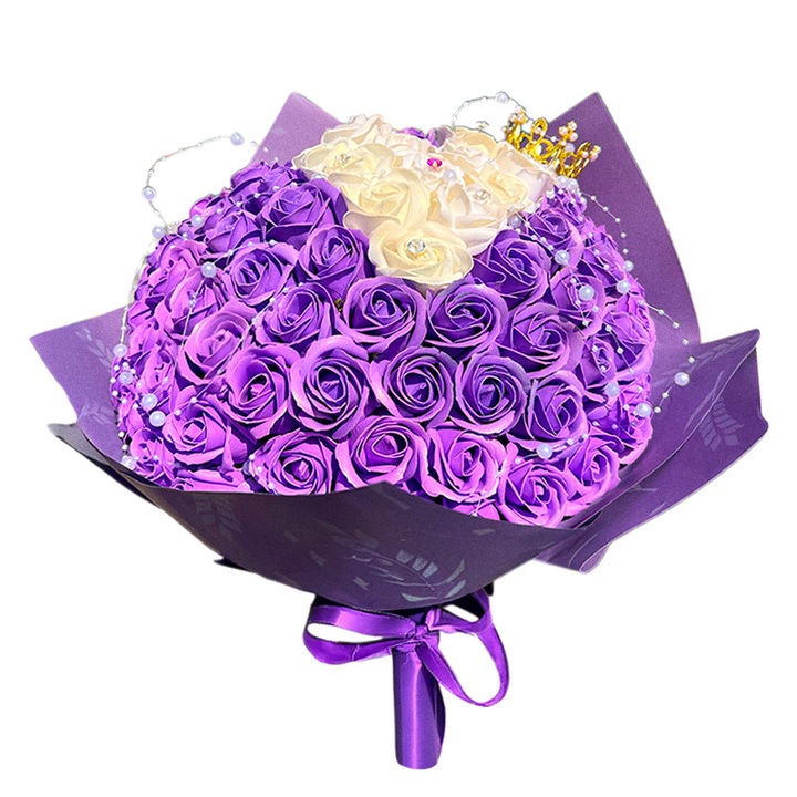 Buchet Royal Purple cu 101 trandafiri de sapun si accesorii decorative, 40 cm, mov, Velve