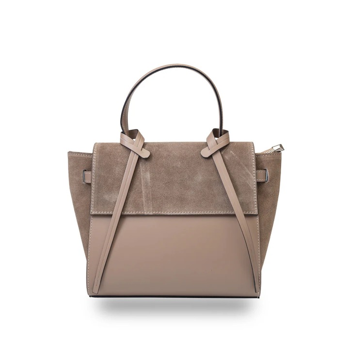 Дамска чанта Toro Nero, модел Erika, естествен велур, светло сиво-кафяво, размер 30x15x25cm