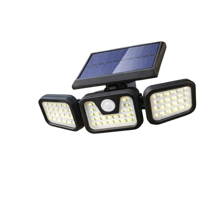 Соларна лампа с LED и сензор за движение FL1725A, Широкоъгълна, Водоустойчивост IP65, За двор, Градина и безопасност, 800 лумена, 30 x 18 x 13 сантиметра, Черен