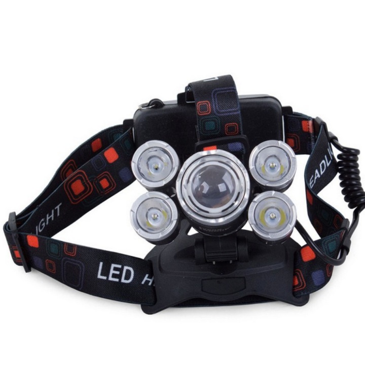 Мощен LED челник, 5 в 1, Регулируем ъгъл, До 400 метра осветление, Водоустойчив, Удароустойчив, Стандартен за модела, Черен