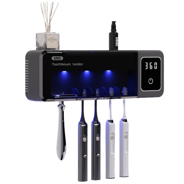 Sterilizator UV pentru Periute de Dinti si Accesorii Igiena, Rimenss, Suport Inteligent cu Uscare si Sterilizare UV-C 24/7, Eficienta Igienizare 99.99%, 5 Sloturi, Sistem Inteligent cu Protectie UV, Afisaj Touchscreen, Montare fara Gauri, USB-C, Negru