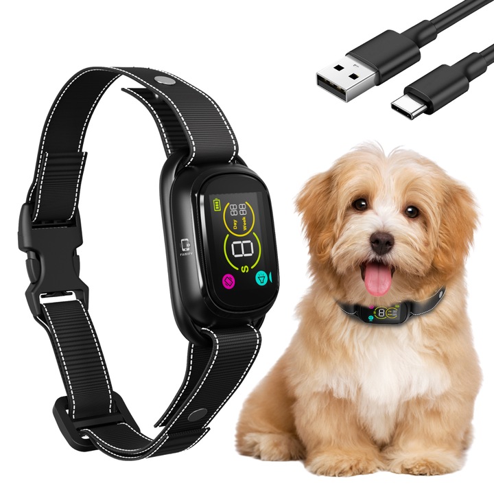 Zgarda Antilatrat Inteligenta pentru Caini, Famify, Fara Socuri, Beep si Vibratie, 5 Nivele Sensibilitate, Chip Inteligent Anti-Interferenta, Ecran Color, IPX7 Waterproof, Autonomie pana la 16 Zile, Reglabila 18–58 cm, Negru