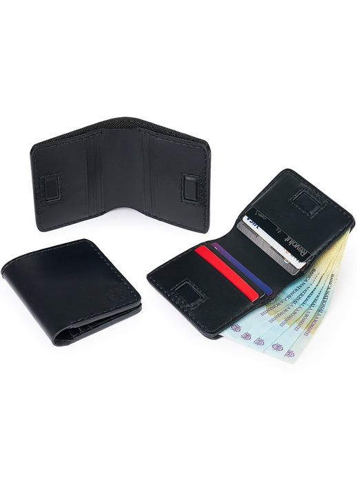 Portofel Barbati din Piele Naturala ElyK, Model Odin, Lucrat Manual, Design Slim Bifold, Minimalist, Compartiment Carduri si Bancnote, Negru
