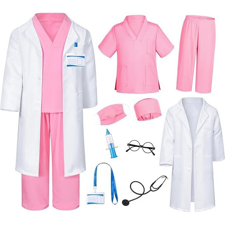 Set costum de doctor pentru copii, roz, 150cm, include stetoscop