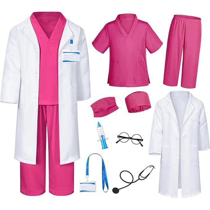 Set joaca doctor, costum pentru copii, stetoscop inclus, rosu roz, 150cm