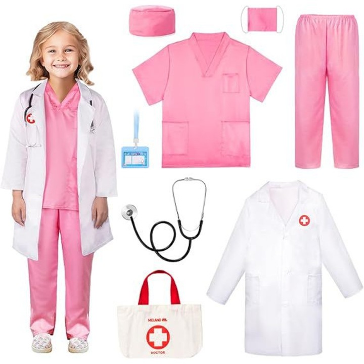 Set costum de doctor pentru copii, roz, 150cm, include stetoscop