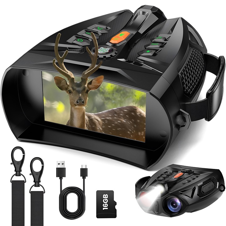 Binoclu Night Vision 4K, Card 16GB, Infrarosu 800m, Ecran HD 4 Inch, Video 48MP Foto, Zoom 10x Digital, Baterie 5000mAh, Vanatoare, Camping, Supraveghere Ferma, Outdoor, 7 IR