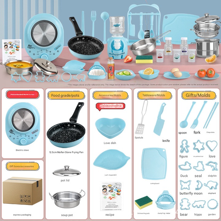 Set jucarie bucatarie mini pentru fete, ustensile gatit si prajit, albastru