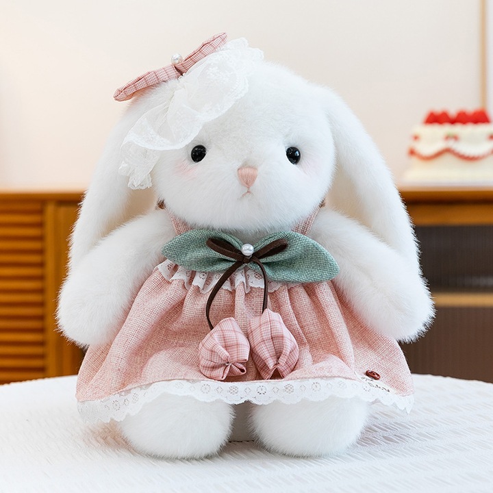 Jucarie de plus iepure cu urechi lungi, rochie de printesa, roz, 28cm