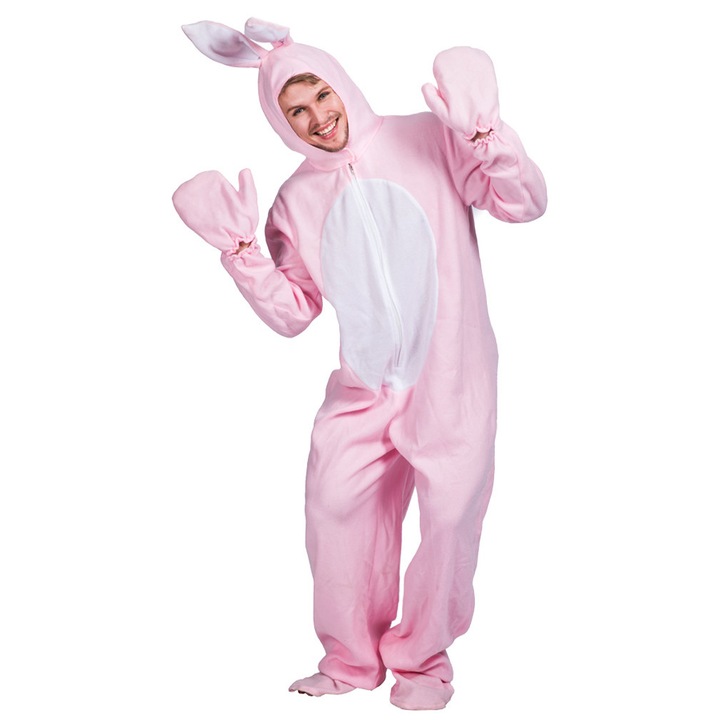 Costum de iepuras roz, pijama pentru adulti, marime unica, set accesorii pentru scena