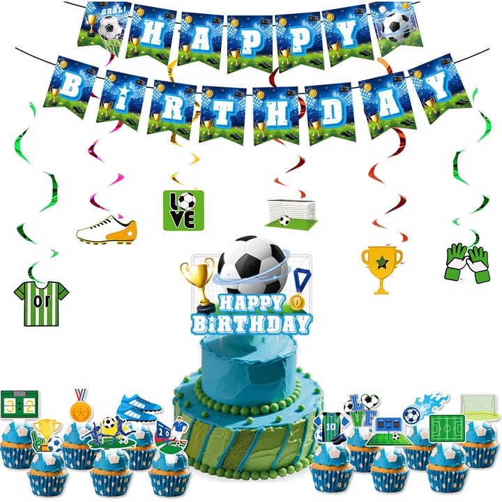 Пълен комплект аксесоари за парти на тема Световна купа, 15 банера, 6 знамена, 1 голяма лента, 24 малки ленти.