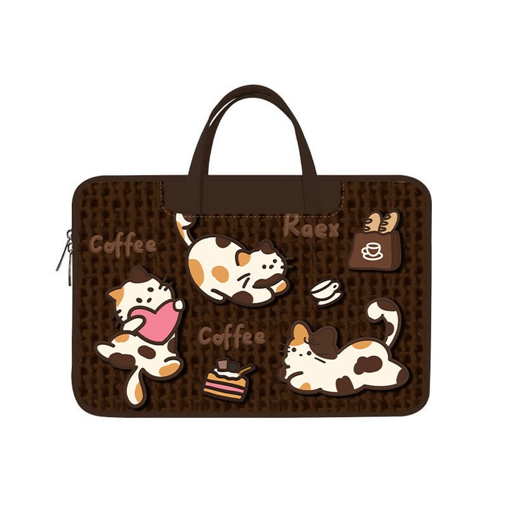 Geanta pentru laptop de 15, 6 inch, cu un design adorabil cu pisicute, impermeabila si rezistenta la abraziune, cu structura ergonomica, stil proaspat si dulce, portabila, maro