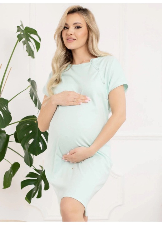 Camasa de maternitate si nastere ForMommy Baki Mint, din bumbac, design practic cu acces rapid prin capse oblice pe piept si deschidere totala la spate, masura L
