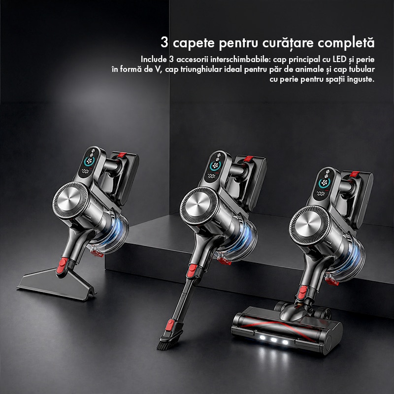 Aspirator Vertical Fara Fir Techsen W1 Aero, 3 Moduri de Aspirare, Afisaj LED Inteligent, Putere Aspirare 40KPa, Sistem de Filtrare HEPA in 7 Etape, Aspirator Vertical sau de Mana, 450W, Functie Tangle Reminder, Tub Extensibil, Perii Multiple
