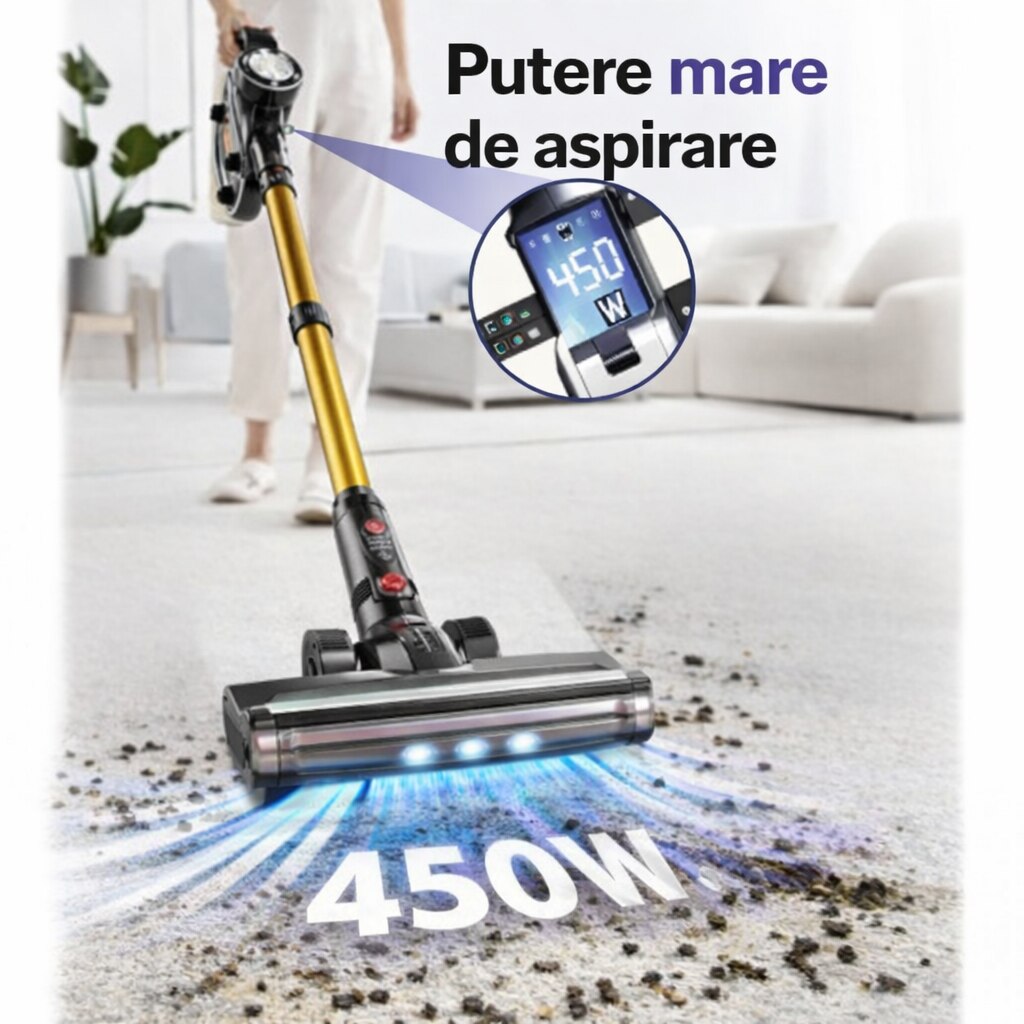 Aspirator Vertical Fara Fir Techsen W1 Aero, 40KPa, LED, 450W, Sistem Filtrare HEPA, Tub Extensibil, Perii Multiple