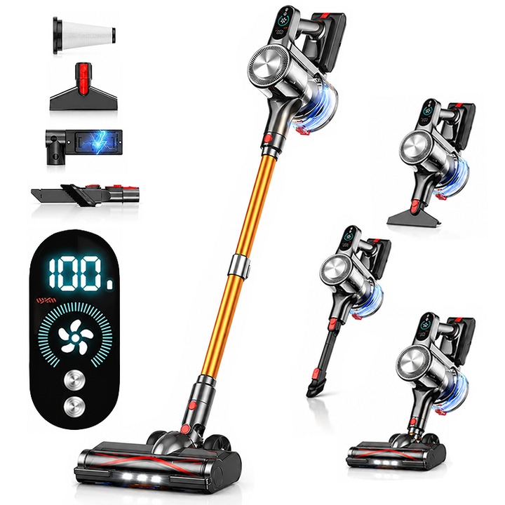 Aspirator Vertical Fara Fir Techsen W1 Aero, 3 Moduri de Aspirare, Afisaj LED Inteligent, Putere Aspirare 40KPa, Sistem de Filtrare HEPA in 7 Etape, Aspirator Vertical sau de Mana, 450W, Functie Tangle Reminder, Tub Extensibil, Perii Multiple