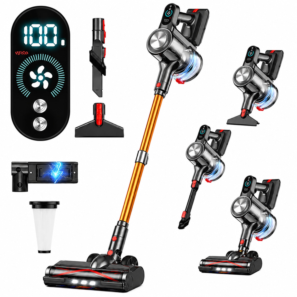 Aspirator Vertical Fara Fir Techsen W1 Aero, 3 Moduri de Aspirare, Afisaj LED Inteligent, Putere Aspirare 40KPa, Sistem de Filtrare HEPA in 7 Etape, Aspirator Vertical sau de Mana, 450W, Functie Tangle Reminder, Tub Extensibil, Perii Multiple