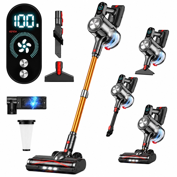 Aspirator Vertical Fara Fir Techsen W1 Aero, 3 Moduri de Aspirare, Afisaj LED Inteligent, Putere Aspirare 40KPa, Sistem de Filtrare HEPA in 7 Etape, Aspirator Vertical sau de Mana, 450W, Functie Tangle Reminder, Tub Extensibil, Perii Multiple