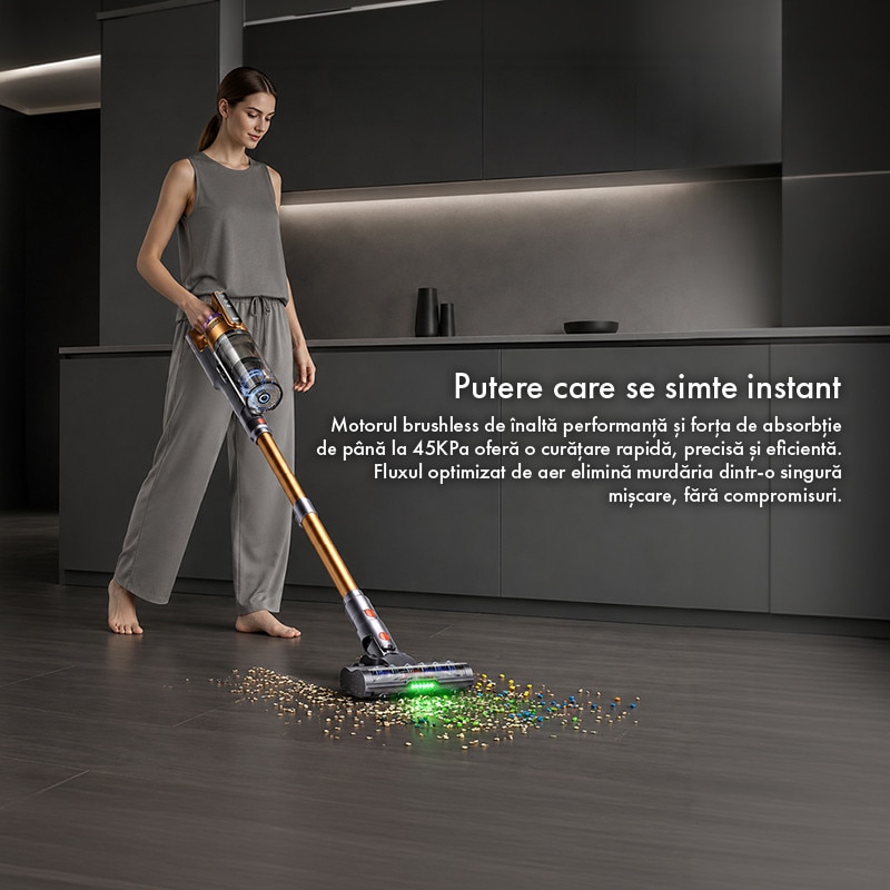 Aspirator Vertical fara Fir Techsen W1 Storm, Design Self-Standing, 3 Nivele Ajustabile, Baterie Li-ion, Afisaj LED, Sistem de Filtrare HEPA Detasabil, LED Verde Perie Podea, Tub Extensibil, Accesorii Multiple