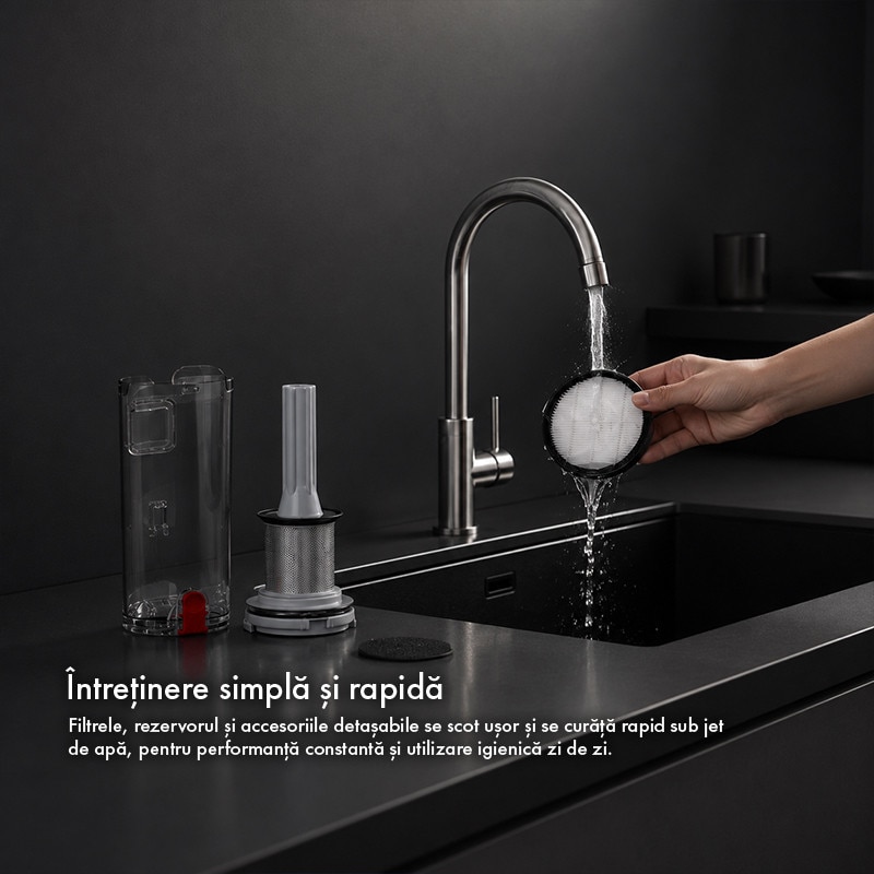 Aspirator Vertical fara Fir Techsen W1 Storm, Design Self-Standing, 3 Nivele Ajustabile, Baterie Li-ion, Afisaj LED, Sistem de Filtrare HEPA Detasabil, LED Verde Perie Podea, Tub Extensibil, Accesorii Multiple