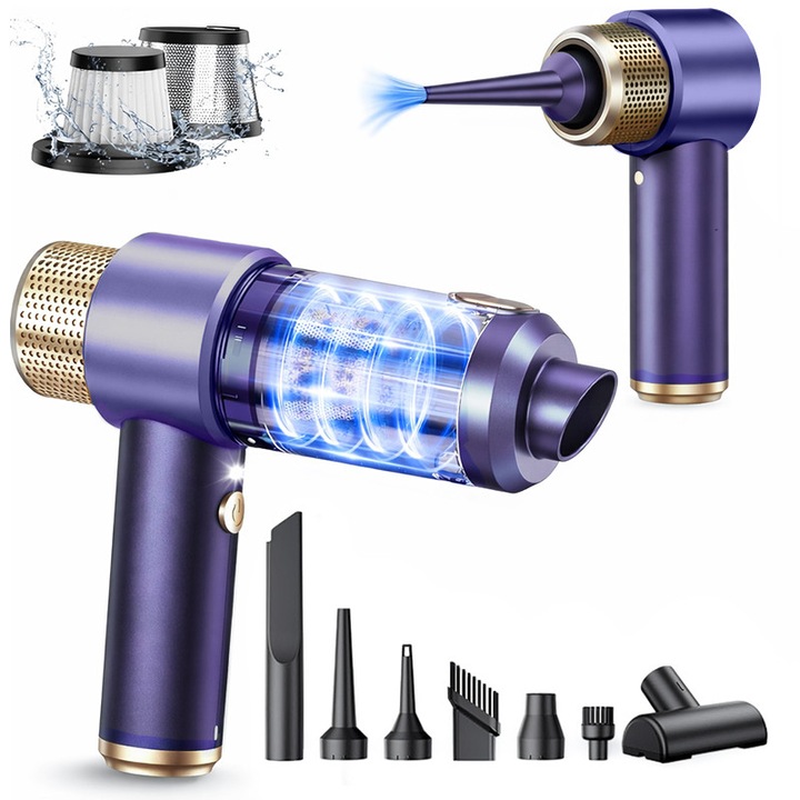 Aspirator Auto 4 in 1 Portabil Techsen M1 Boost, 15.000PA, 86.000RPM, Fara Fir, Sistem de filtrare dual cu filtru HEPA lavabil, De Mana, Cu Acumulator, 4000mAH, 7 Accesorii Incluse, Aspirare, Suflare, Vidare, Umflare, Aspirator pentru Masina si Casa