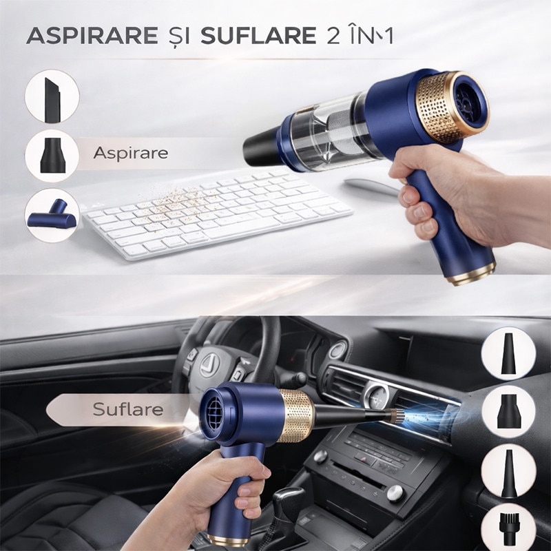 Aspirator Auto TECHSEN M1 Boost, 15.000PA, Fara Fir, 4000mAH, 7 Accesorii Inclus, Portabil, Filtru HEPA Lavabil