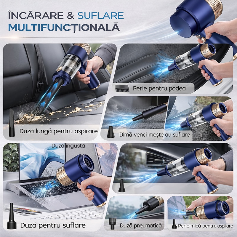 Aspirator Auto TECHSEN M1 Boost, 15.000PA, Fara Fir, 4000mAH, 7 Accesorii Inclus, Portabil, Filtru HEPA Lavabil