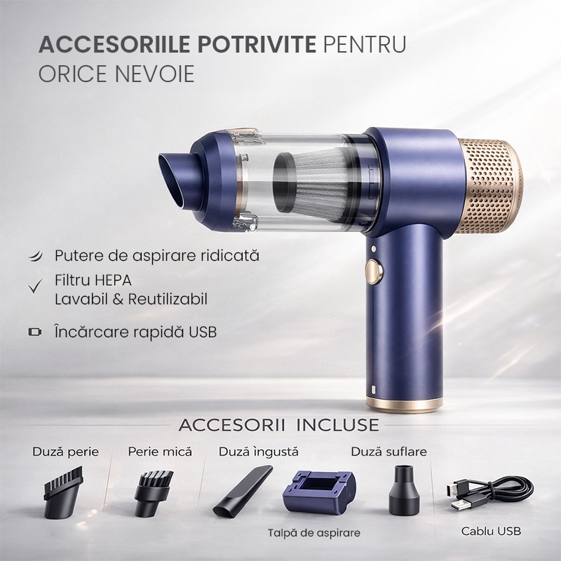 Aspirator Auto TECHSEN M1 Boost, 15.000PA, Fara Fir, 4000mAH, 7 Accesorii Inclus, Portabil, Filtru HEPA Lavabil