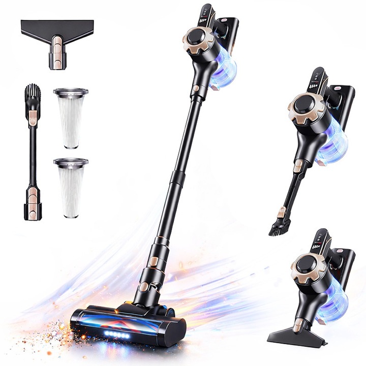 Вертикална прахосмукачка без кабел Techsen W1 Zenith, 3 скорости, LED дисплей, 5-степенна филтрираща система + HEPA, V-образна четка против заплитане, вертикална или ръчна прахосмукачка, разтегателна тръба, множество четки