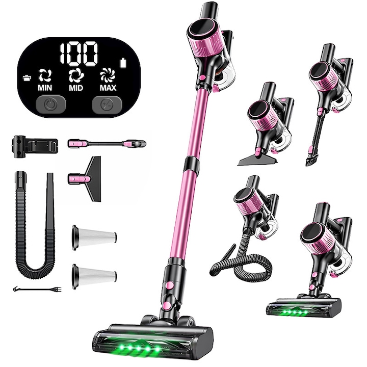Aspirator Vertical fara Fir 10 In 1 Techsen W1 Nova, 3 Moduri de Aspirare Ajustabile, Afisaj LED Inteligent, Sistem de Filtrare Avansat HEPA, Furtun Flexibil Extra-Lung, 350W, Baterie Li-ion, Accesorii Multiple, Culoare Roz