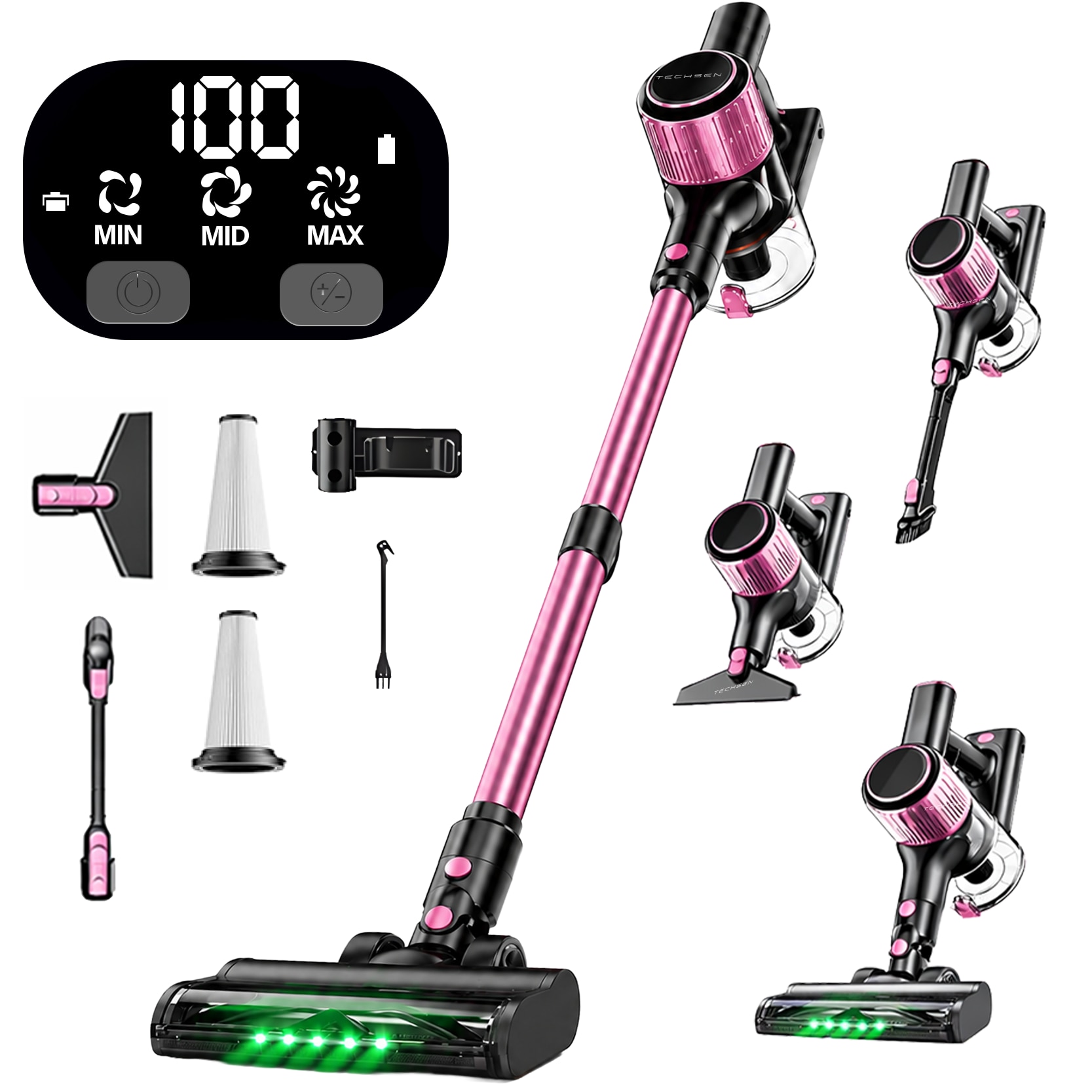 Aspirator Vertical fara Fir 10 In 1 Techsen W1 Nova, 3 Moduri de Aspirare Ajustabile, Afisaj LED Inteligent, Sistem de Filtrare Avansat HEPA, Furtun Flexibil Extra-Lung, 350W, Baterie Li-ion, Accesorii Multiple