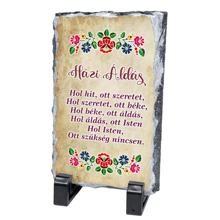 Placa Ardezie Personalizata "Házi Áldás" (Binecuvantarea Casei), Model Traditional cu Motive Florale, 15x10 cm