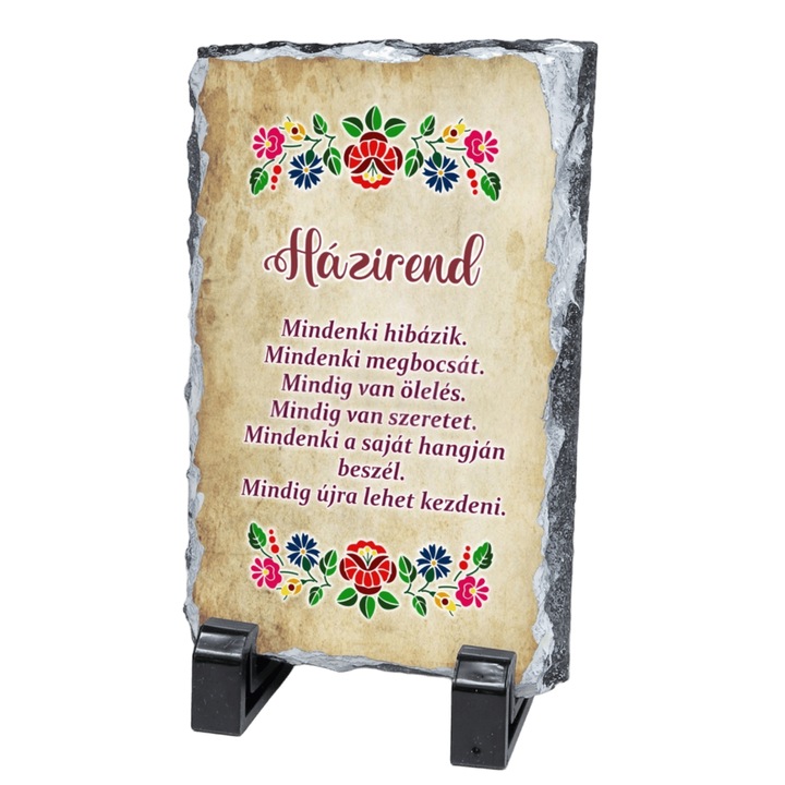 Placa Ardezie Personalizata "Házirend" (Regulile Casei), Mesaj Motivational si Motive Florale Traditionale, 15x10 cm