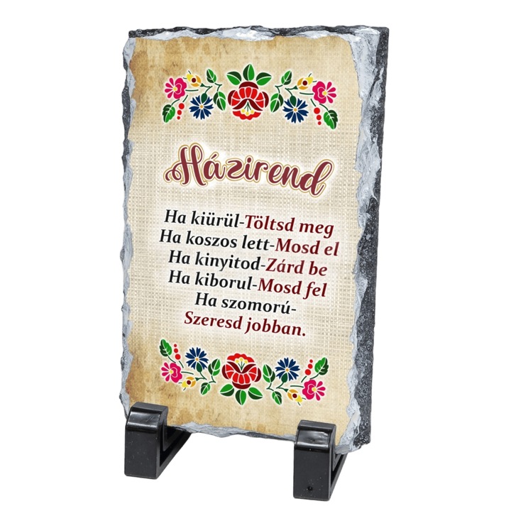 Placa Decorativa din Ardezie Naturala "Házirend" – Regulile Casei in Stil Traditional, 15x10 cm